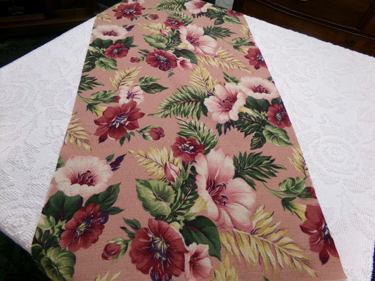 Vintage Barkcloth Fabric Mauve Tropical Hibiscus Floral Island Cottage Shabby 17x36"
