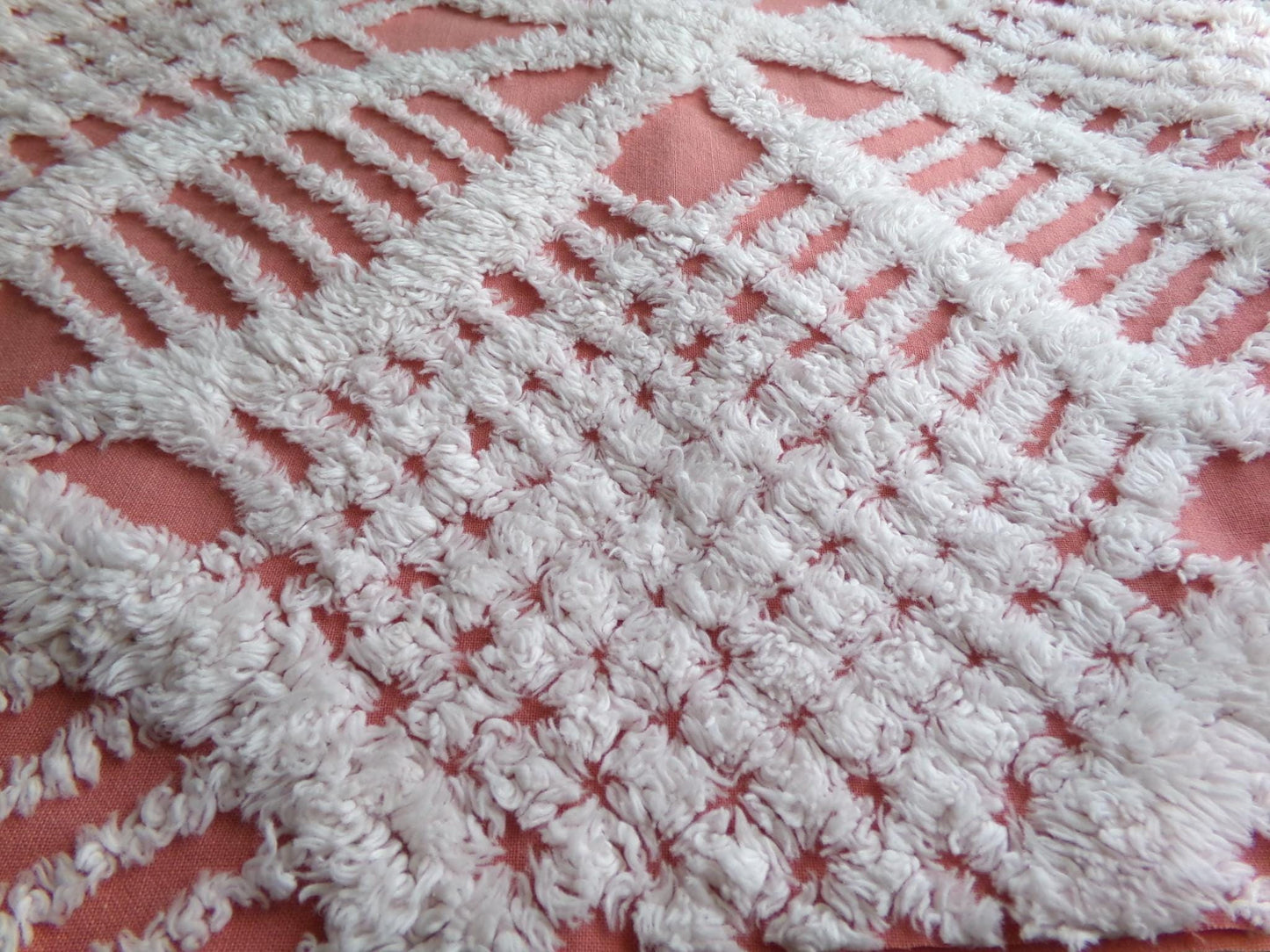 Warm Terracotta Rose Vintage Chenille Fabric, 29" x 27" Inch Piece, White Geometric Designs