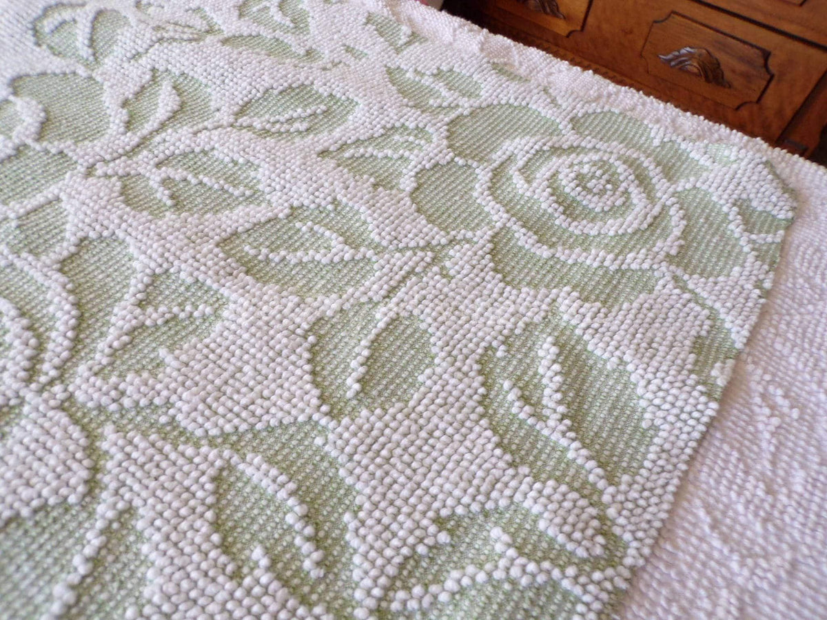 Vintage Sage Green Chenille Fabric, White Cabbage Rose 25x30" Pc