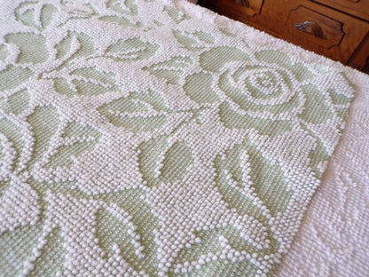 Vintage Sage Green Chenille Fabric, White Cabbage Rose 25x30" Pc