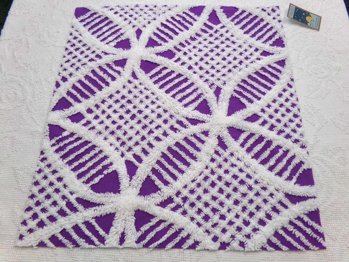 Vintage Chenille Fabric, 21" x 20" inch Piece, Snow White Geometric Design on Grape Purple