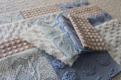 Serene Shores Vintage Chenille Fabric Squares, Blue, White & Sand Craft Square Set, 16 Blocks, 6" x 6" inch, Modern Chic
