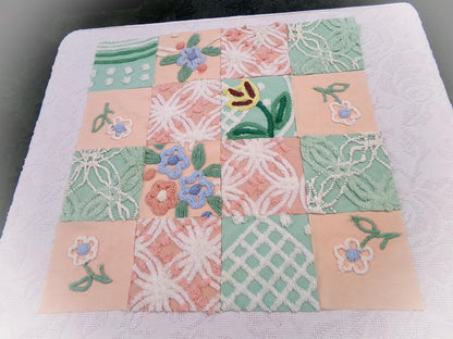 vintage chenille fabric squares, "garden lady" peach & green florals, set of 16 quilt blocks 6" each
