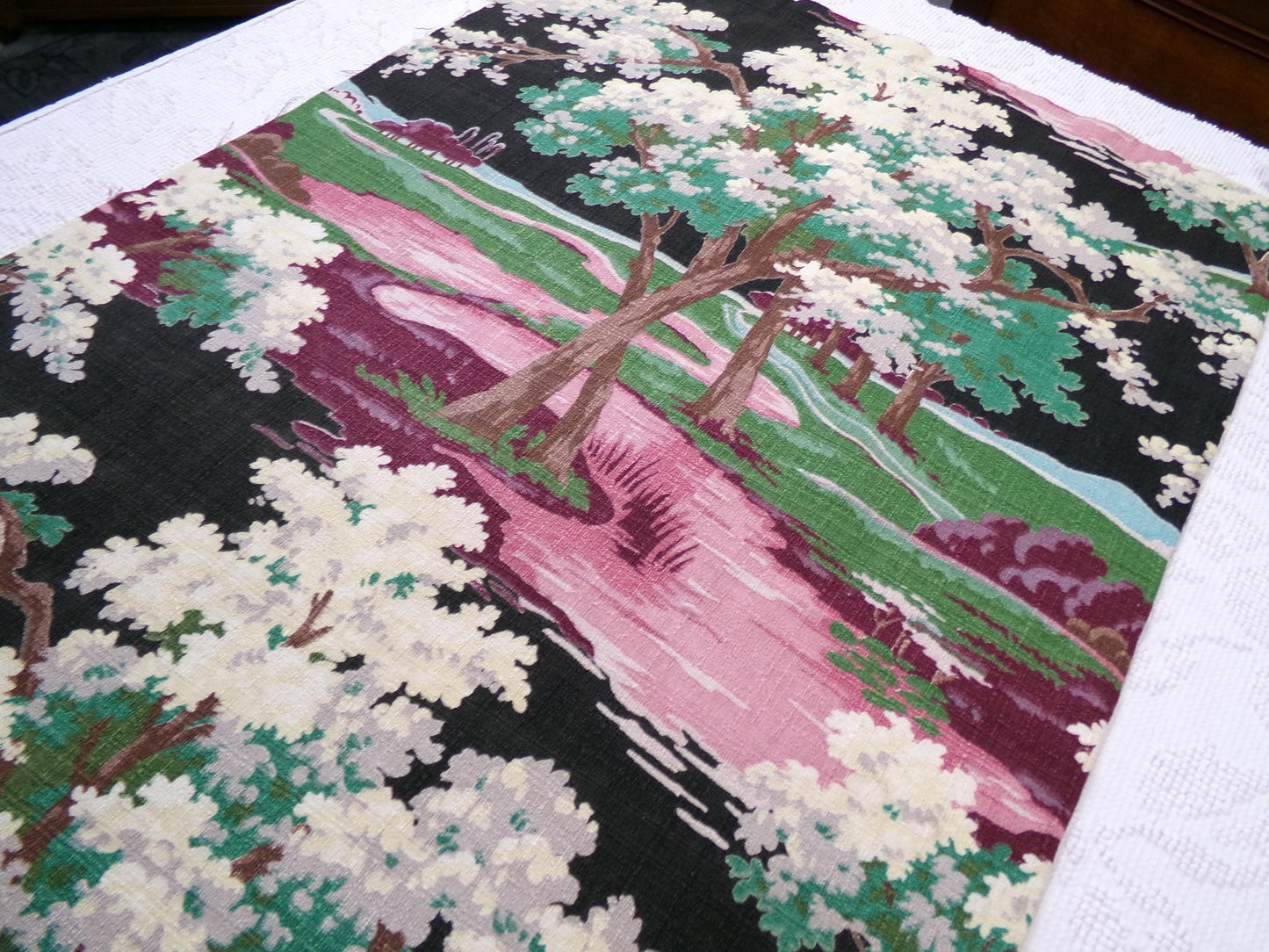 Moody Surreal Vintage Barkcloth Fabric Spooky Black Pink Mystic Winding Path, 20" x 35"