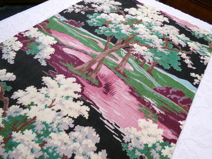 Moody Surreal Vintage Barkcloth Fabric Spooky Black Pink Mystic Winding Path, 20" x 35"