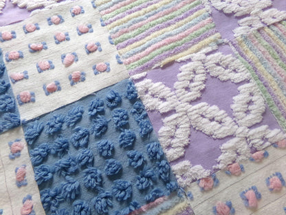 moonlit rainbow chenille fabric squares, set of 16 vintage quilt blocks 6" inches ea, dreamy serene blue, pink rosebuds, soft lilac