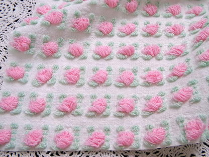 Popular Pink Rosebud Vtg Chenille Bedspread Fabric Rose Quilt Material 18x24"