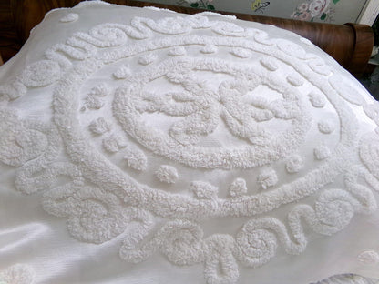 Romantic White Vintage Satin Chenille Bedspread Fabric, Shabby Large Medallion 38x20"