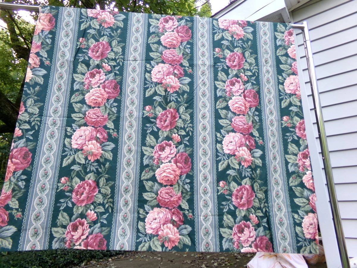Vintage Rose Curtain Drapery Panel, Deep Green Lined SINGLE Window Drape 82"L