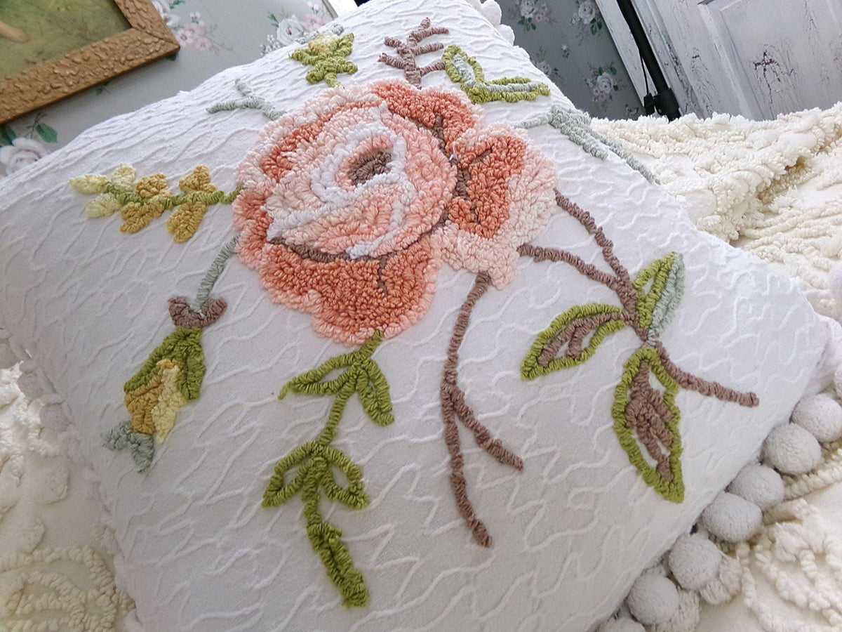 Vintage Rose Chenille Pillow Cover, Reversible Square Cottage Chic Floral Design
