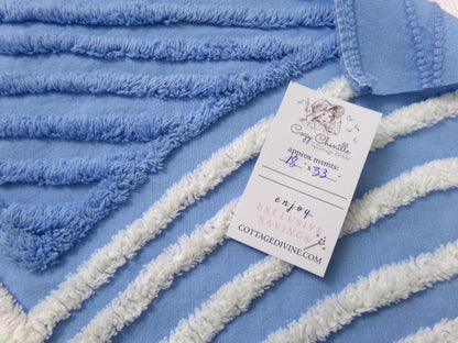 Vintage Chenille Fabric Piece, White Waves on Blue, 18" x 33" Sewing Material