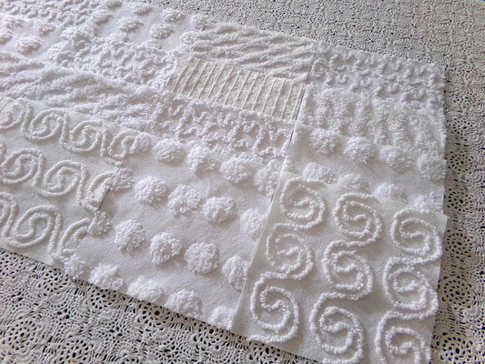 serene snowfall vintage chenille fabric squares, set of 16 white 6" quilt blocks, upcycle in handmade quilts, sewing projects