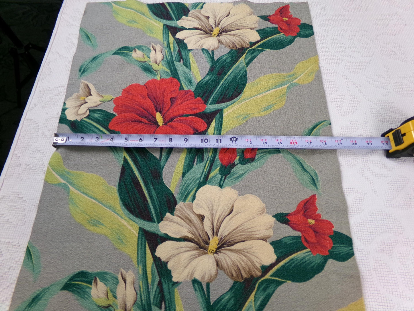 Hawaiian Barkcloth Vintage Fabric, Gray Tropical Red Hibiscus Floral Mid-Century 27" x 18"