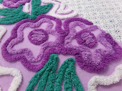 Violet Roses Vintage Chenille Bedspread Fabric 16x32" Sweeping White Waves