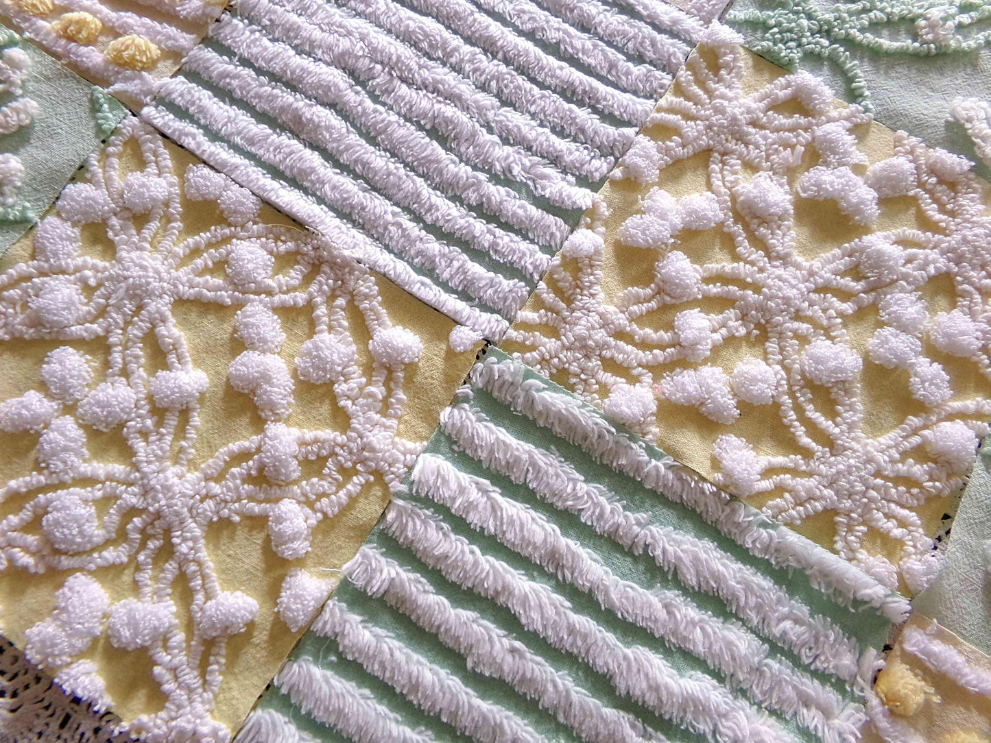 Fern & Flora Vintage Chenille Fabric Squares Set of 17 Blocks, 6" inch ea, Cheery Stripes, Dots Geometric Designs
