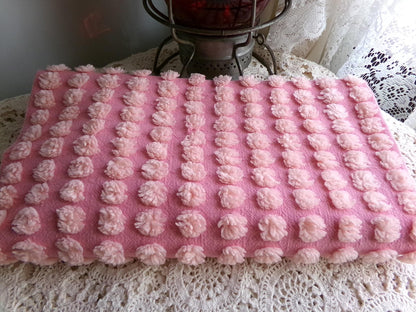 fluffy puff pops chenille fabric, sweet oversize bobbles on pink rose, 20" x 24" inch piece great for chenille quilts & sewing projects