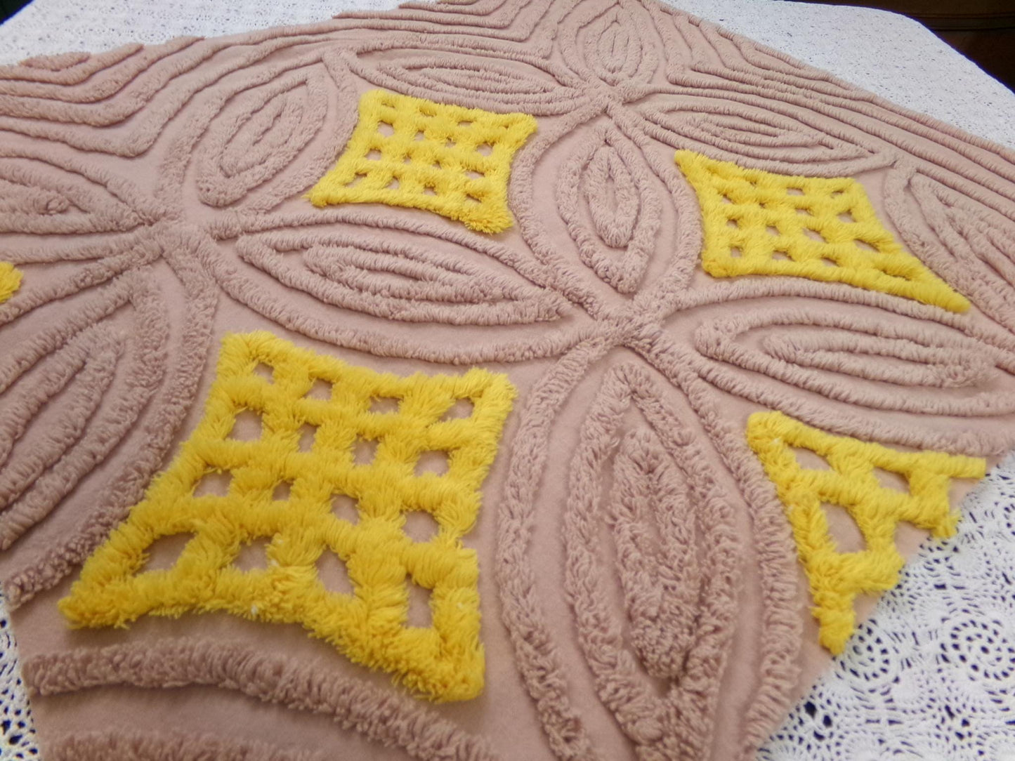 earthy energetic vintage chenille bedspread fabric, 25" x 22" geometric design