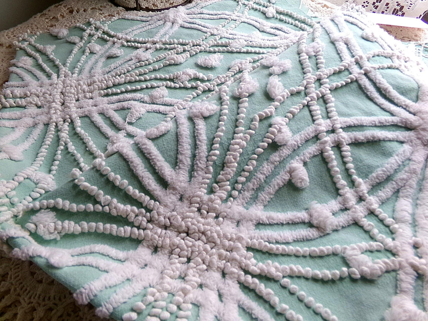 starry spiderweb jade green vintage chenille fabric, unique webbed design, 20" x 26" inch piece for quilting material & sewing