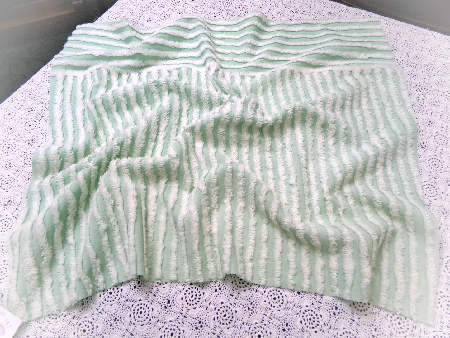 Vintage Mint Green Chenille Bedspread Fabric, White Multidirectional Stripe 24x21"