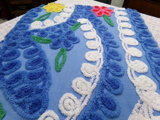 Colorful Blue Vintage Chenille Bedspread Fabric Geometric Floral 20x30" Piece