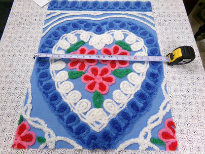 American Spirit Vintage Chenille Fabric Blue Floral Heart Scroll 19x24"