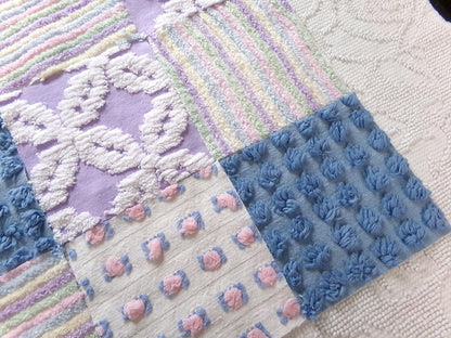 moonlit rainbow chenille fabric squares, set of 16 vintage quilt blocks 6" inches ea, dreamy serene blue, pink rosebuds, soft lilac