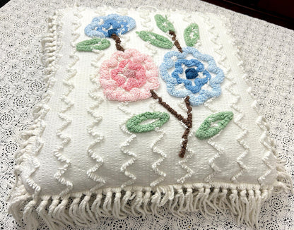 Vintage Floral Chenille Pillow Cover, Shabby Chic Reversible 16" Square Design