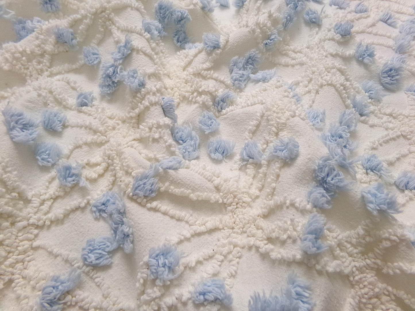 Coastal Style Vintage Chenille Bedspread Fabric, Delicate Wedding Rings & Sky Blue Dots, 18" x 25"