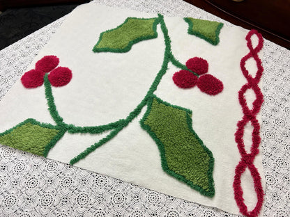 Holiday Vintage Chenille Fabric, Winter Holly Berry 22x20" Craft Piece
