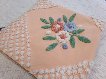 Vintage Peach Chenille Fabric Floral White Puff Tufts, Quilting Crafts Cottage Chic Bedspread Material Upcycle Sewing Supply, 26" x 27"