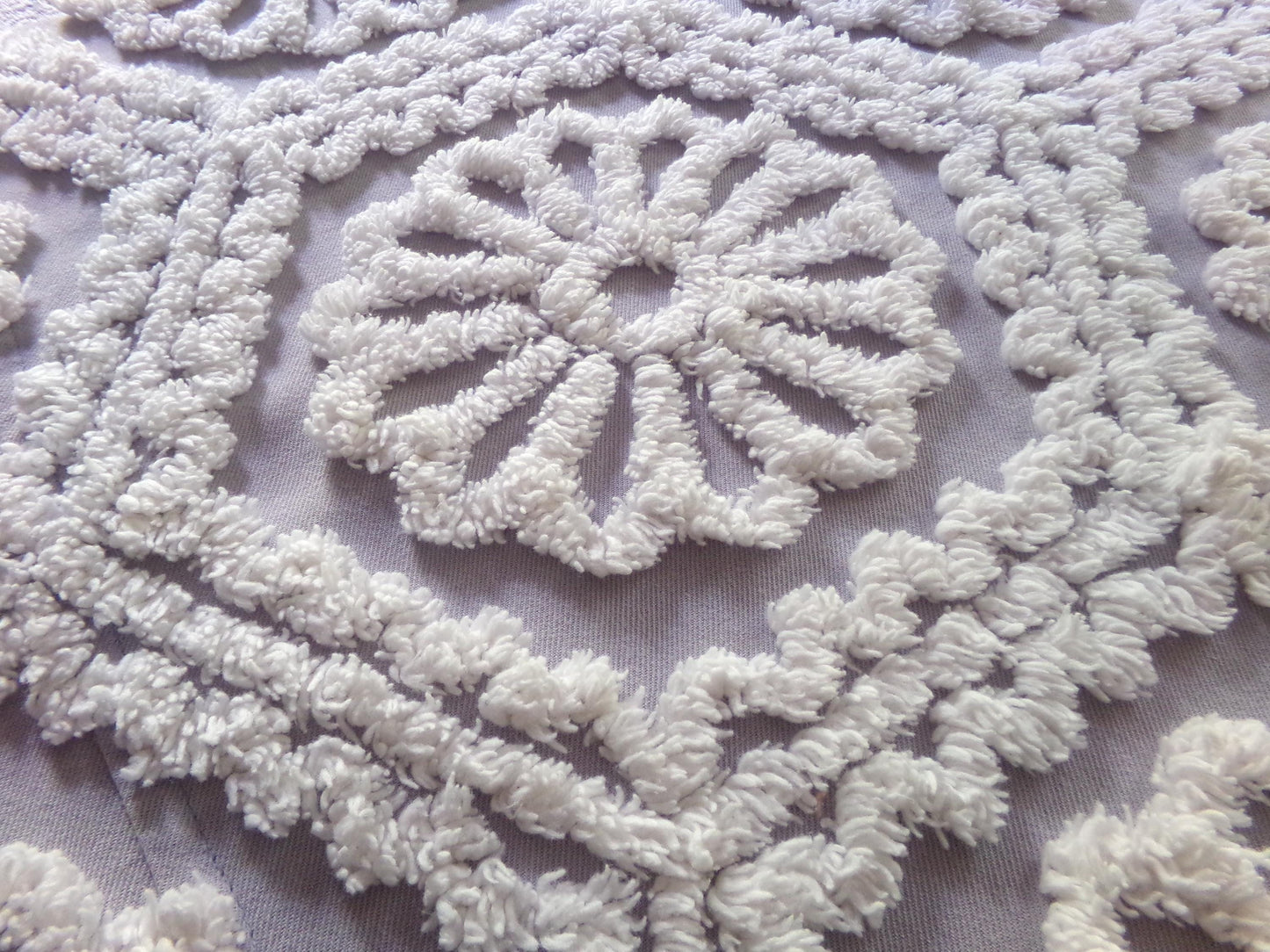 lavender mist cottage style chenille fabric, plush white ruffle daisies, 17" x 26" piece of vintage sewing material for quilting, fiber arts