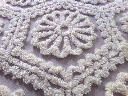 lavender mist cottage style chenille fabric, plush white ruffle daisies, 17" x 26" piece of vintage sewing material for quilting, fiber arts