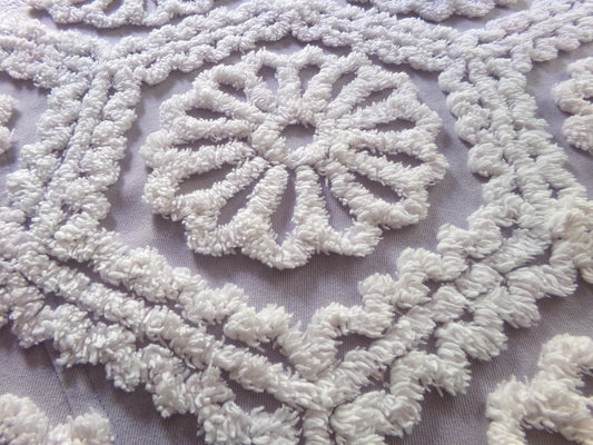 lavender mist cottage style chenille fabric, plush white ruffle daisies, 17" x 26" piece of vintage sewing material for quilting, fiber arts