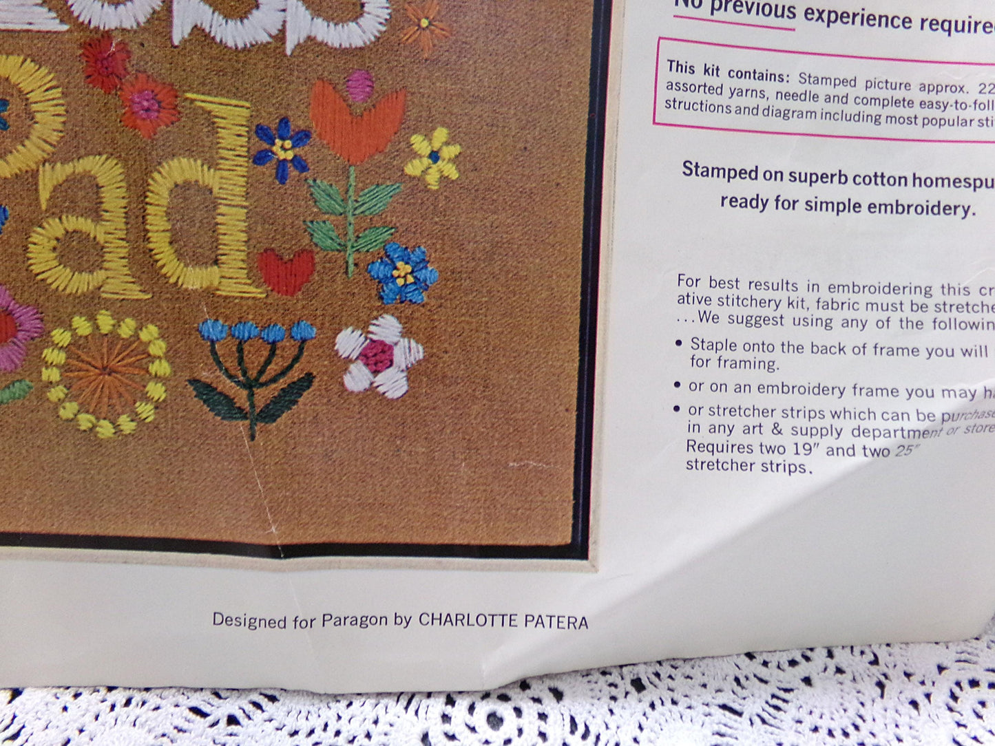 GOD BLESS Our PAD Crewel Embroidery Kit, Vintage Paragon Needlecraft 0936, Retro Boho Wall Art