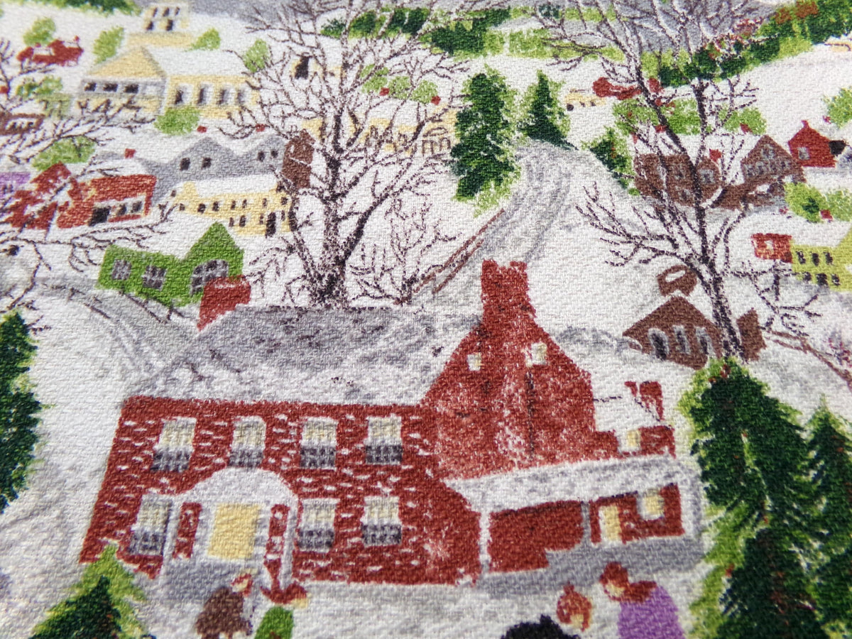 Grandma Moses DEEP SNOW Vintage Barkcloth Fabric, Folk Art Winter Scene 20x21"