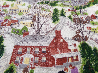Grandma Moses DEEP SNOW Vintage Barkcloth Fabric, Folk Art Winter Scene 20x21"