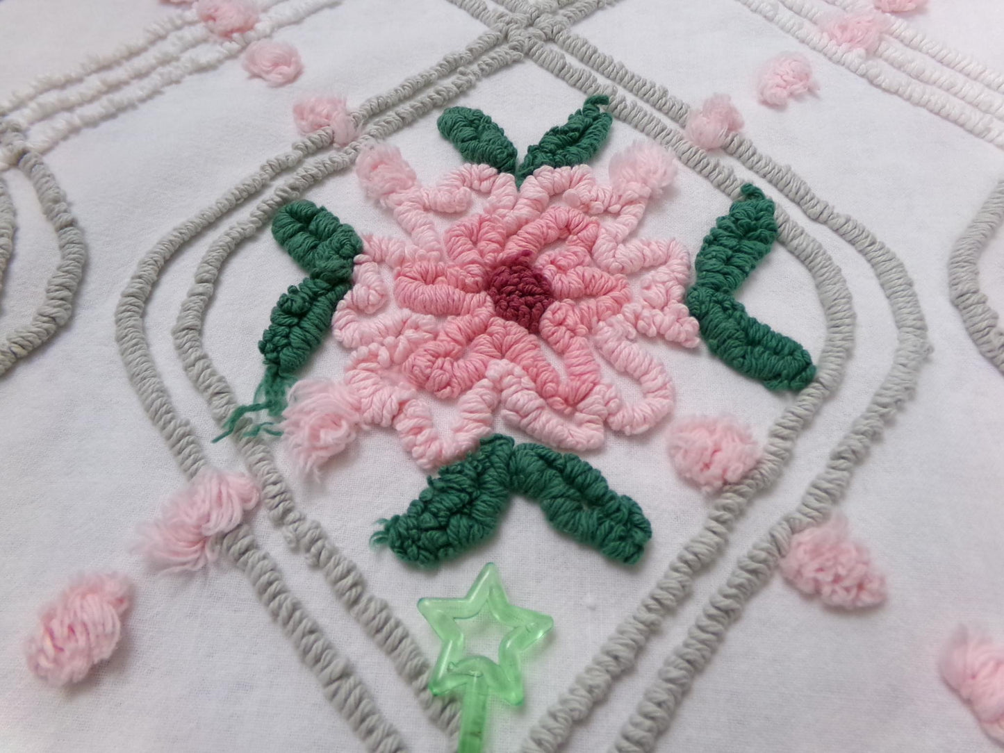 Dove Grey Pink Rose Vintage Chenille Bedspread Fabric Quilt Sewing Material 15" x 24"