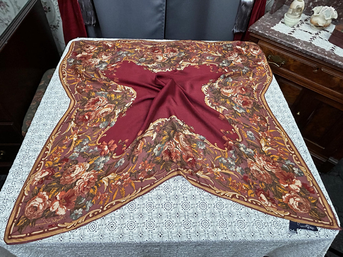 Vintage Ralph Lauren Silk Scarf Burgundy Wine Rose Floral Baroque Scroll Border