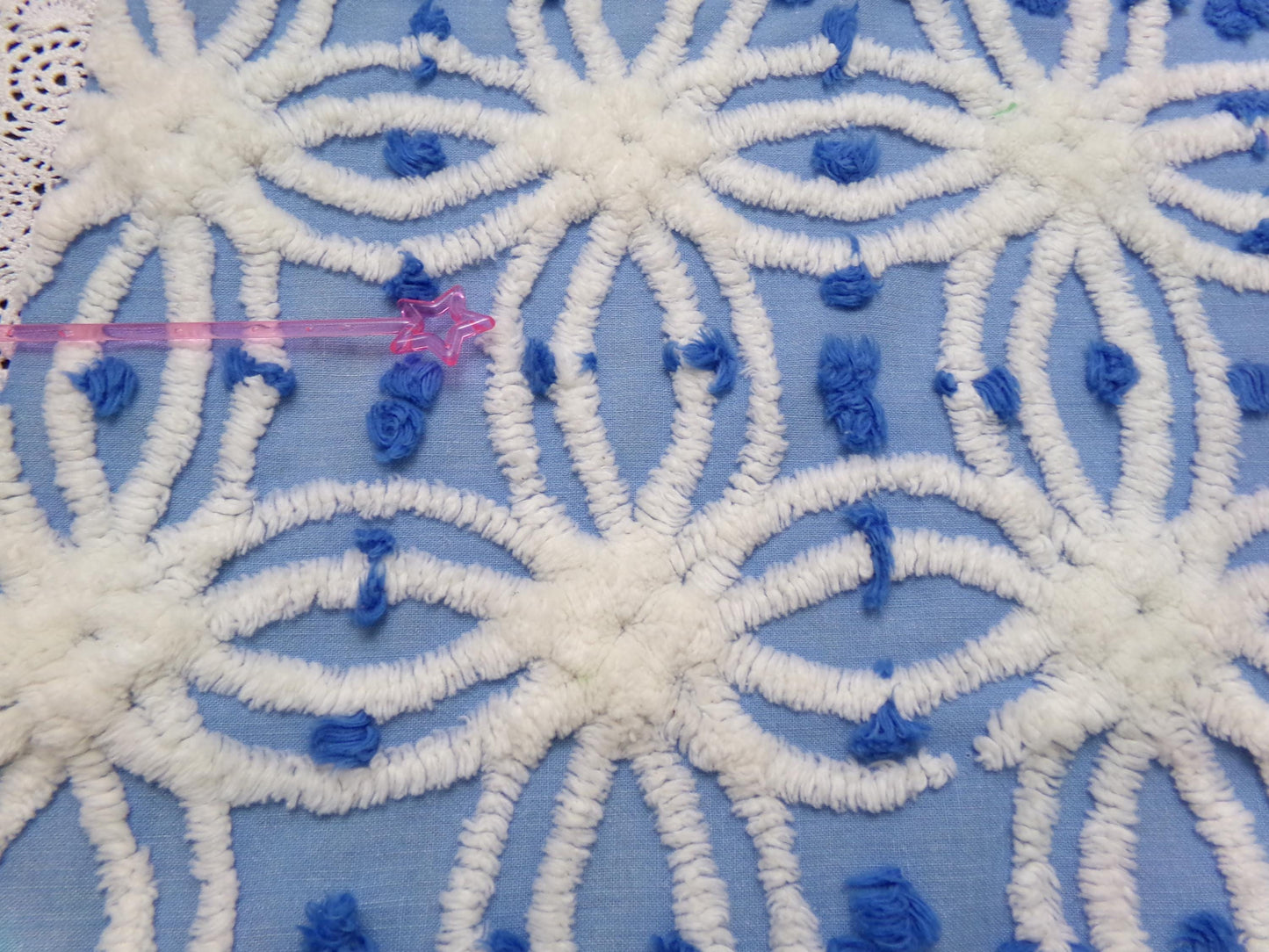 serene blue & white vintage chenille fabric, 19" x 23" cotton quilt material