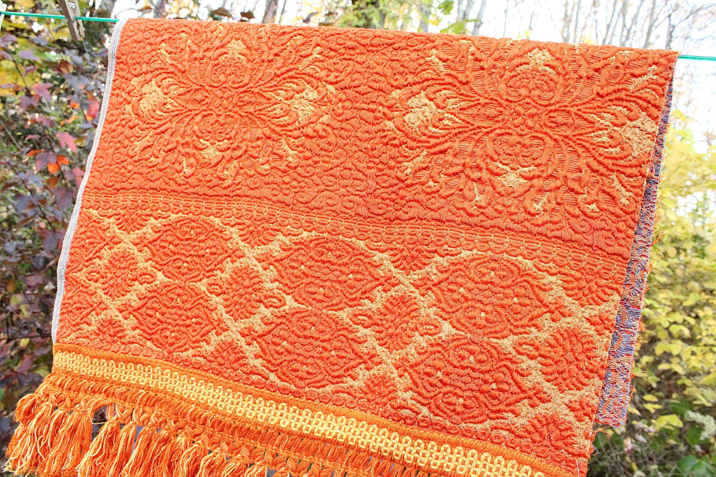 Luxurious Vintage Tapestry Fabric, Shimmer Gold & Orange Woven Damask Sewing Material, 20" x 25"