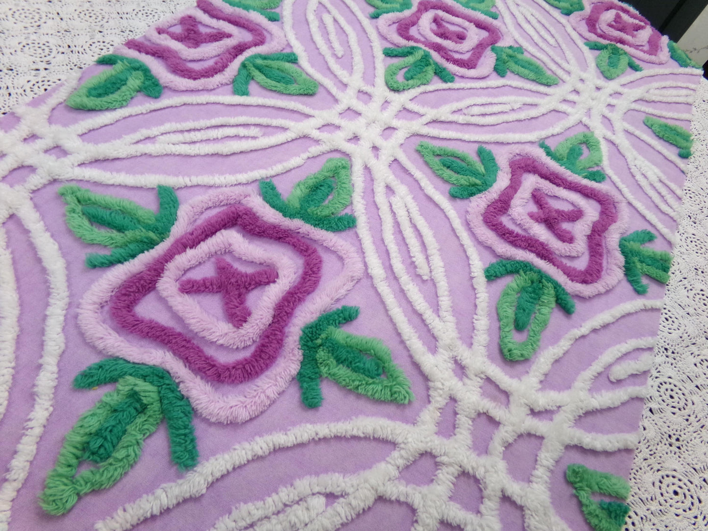 Vintage Chenille Bedspread Fabric Lilac Cabbage Roses 17.5 x 34" Cottage Quilt Sewing Material