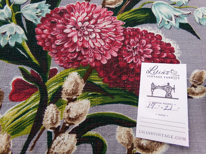 Pussy Willow Dahlia Bouquet Vintage 1940s Barkcloth Fabric Botanical Floral 21" x 19" Piece