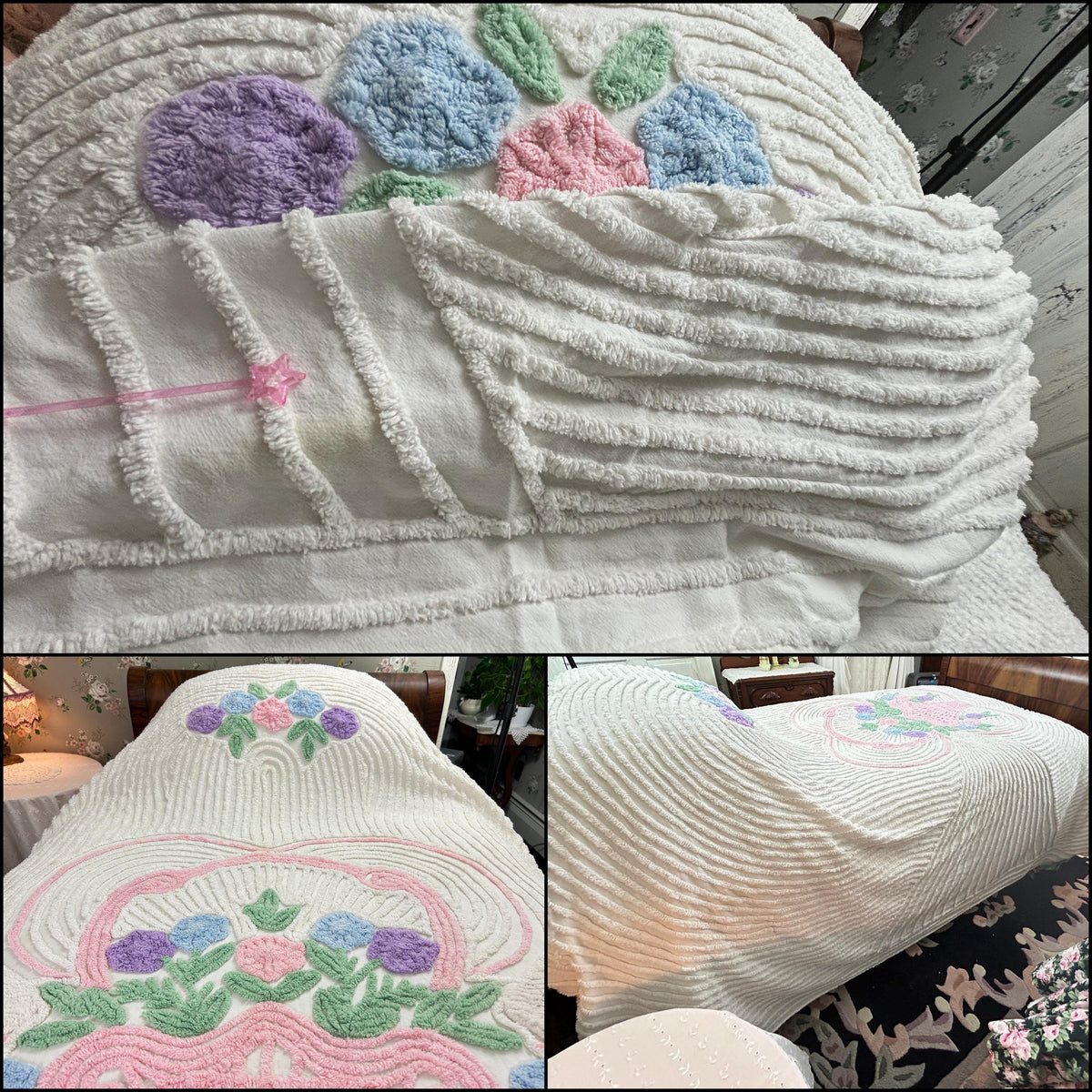 Vintage Chenille Bedspread Pink Flower Basket White Full Size Bed Cover