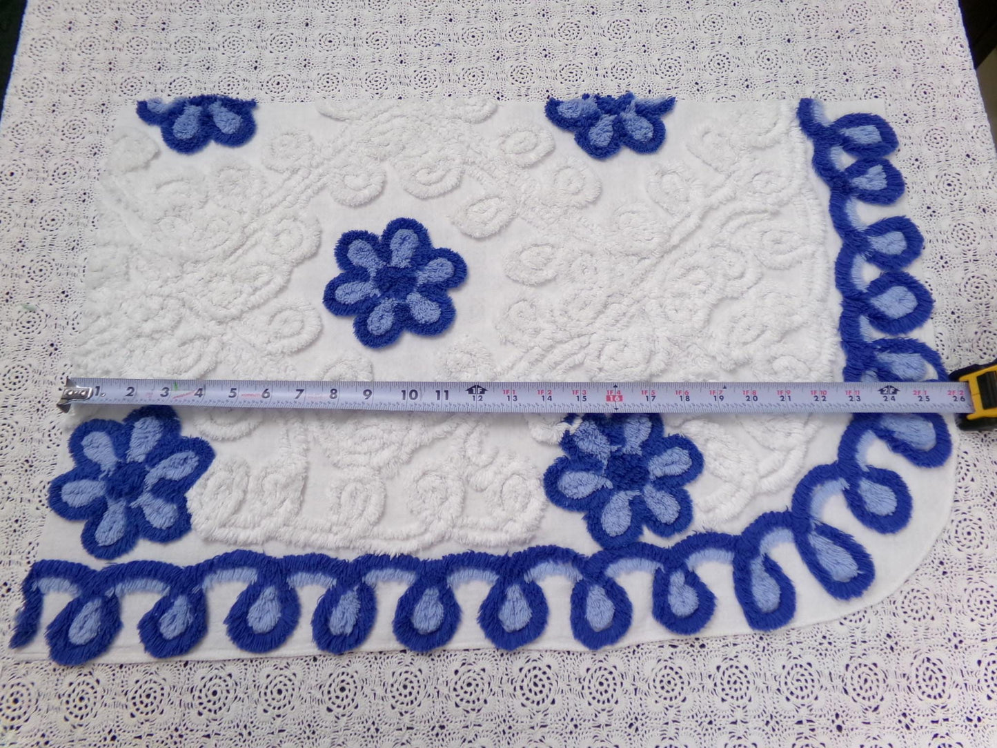 Vintage Chenille Fabric Piece, Blue White Floral Coastal Chic Quilting Material 14x25"