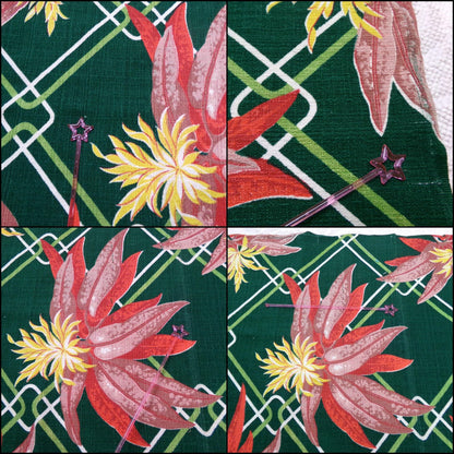 Shabby Vintage Barkcloth Fabric Tropical Tiki Hunter Green Exotic Lily Lattice 16x28"
