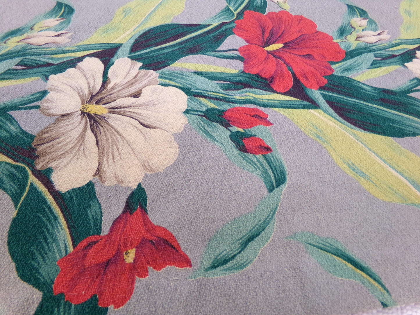 Hawaiian Barkcloth Vintage Fabric, Gray Tropical Red Hibiscus Floral Mid-Century 27" x 18"