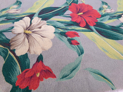 Hawaiian Barkcloth Vintage Fabric, Gray Tropical Red Hibiscus Floral Mid-Century 27" x 18"