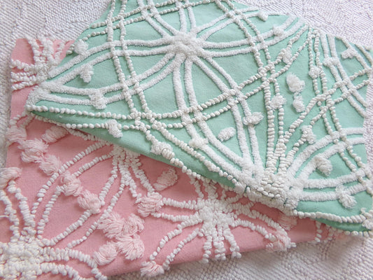 Vintage Chenille Fabric Set in Jade Green & Rose Pink, 2 Piece Bundle 12" x 18" each | Stash Builder for Fiber Arts, Quilting