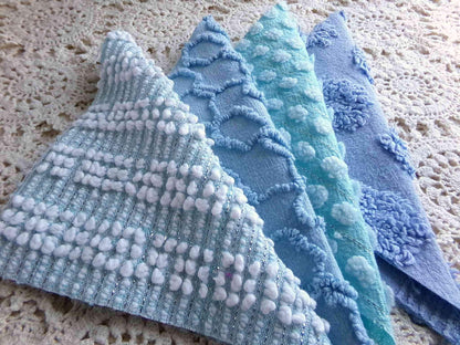 lake breeze vintage chenille quilt squares, set of 16 cool blue & aqua cotton 6" quilt blocks for quilting, upcycling into crafts