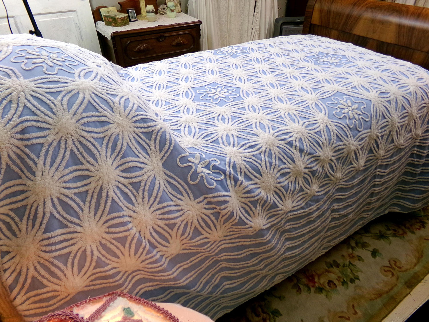 vintage chenille bedspread shabby beach cottage blue & white full size bedding